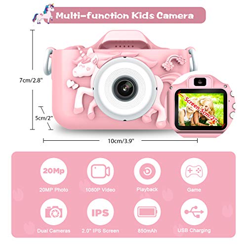 ERAY Cámara para Niños, Cámara Infantil, 20MP/ 1080P/ IPS Pantalla de 2 Pulgadas/ 32GB TF Tarjeta Incluida/ 8X Zoom/ Apagado Automático/ Múltiples Modos, un Buen Regalo para 3-10 Años, Rosa