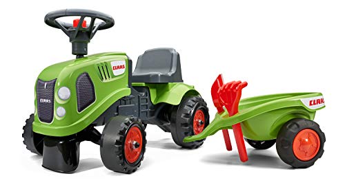 Falk – Portatractor Claas con Remolque – A Partir de 12 Meses – Fabricado en Francia – Pala y rastrillo incluidos, 2 Estilos de personalización, Placa de matrícula Personalizable, 212C