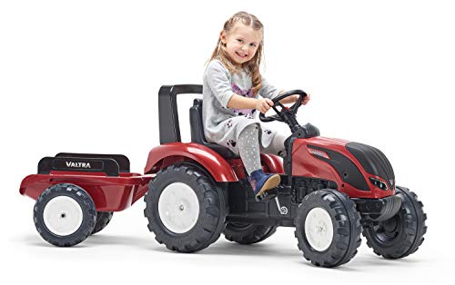 FALK – Tractor con Pedales Valtra con Remolque – A Partir de 3 años – Fabricado en Francia – Volante direccional con bocina – Asiento Ajustable – 4000 AB