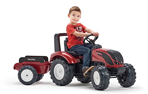 FALK – Tractor con Pedales Valtra con Remolque – A Partir de 3 años – Fabricado en Francia – Volante direccional con bocina – Asiento Ajustable – 4000 AB