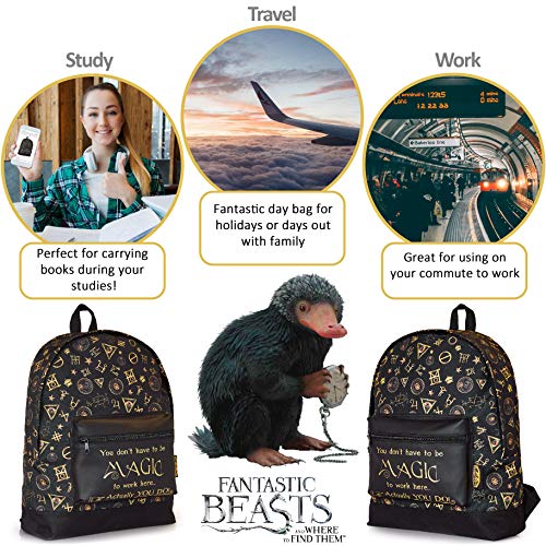 Fantastic Beasts Mochilas Escolares Infantiles, Mochila Negra y Dorada Diseño Animales Fantásticos, Para Colegio Viaje Deporte, Accesorios Oficiales, Regalos Para Niños Niñas Adultos