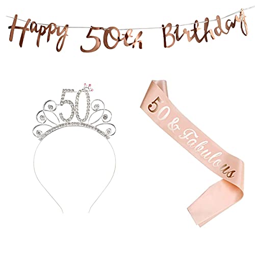 Feliz 50 Cumpleaños Faja de Satén Oro Rosa Guirnalda Feliz Cumpleaños Cumpleaños Sash 50th Diadema Tiara Cristal Cumpleaños Faja Banda de Satén Cumpleaños Sash Decoracíon Regalos para Cumpleaños