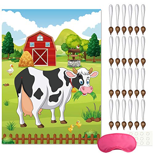 FEPITO Pin the Tail en el Juego de Fiesta de Cumpleaños de la Vaca con 24 Piezas de Colas para Decoraciones de Fiesta de Granja, Decoraciones de Fiesta de Cumpleaños para Niños