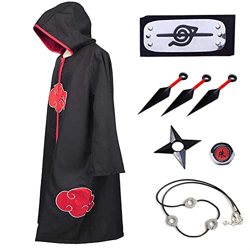 Forfamy Akatsuki - Abrigo para niños y adultos, unisex, para cosplay, Halloween, Navidad, fiesta, disfraz, capa con cinta para la cabeza y anillo (M)