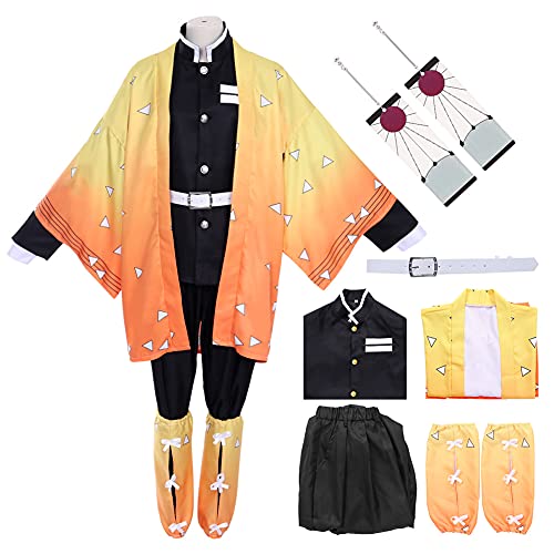 Formemory Disfraz de Cosplay Kamado Nezuko, 8 Piezas Traje de Matadora de Demonios de Anime Japonés, Kimetsu no Yaiba nezuko Kimono Disfraces de Halloween para Niños y Adultos (Amarillo, S)