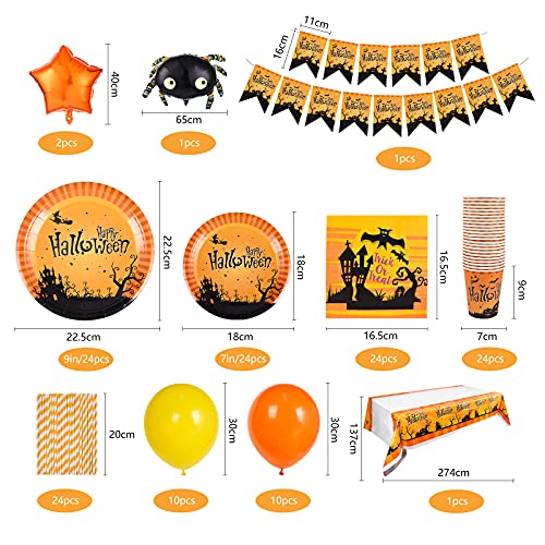 FORMIZON 144 Pcs Juego de Vajilla Halloween Fiesta, Juego de Vajilla para 24 Personas Suministros para Fiestas de Halloween, Calabaza Temática de Halloween Bandera, Tazas, Servilletas, Platos, Mantel