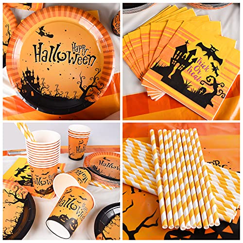 FORMIZON 144 Pcs Juego de Vajilla Halloween Fiesta, Juego de Vajilla para 24 Personas Suministros para Fiestas de Halloween, Calabaza Temática de Halloween Bandera, Tazas, Servilletas, Platos, Mantel