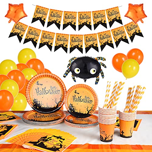 FORMIZON 144 Pcs Juego de Vajilla Halloween Fiesta, Juego de Vajilla para 24 Personas Suministros para Fiestas de Halloween, Calabaza Temática de Halloween Bandera, Tazas, Servilletas, Platos, Mantel