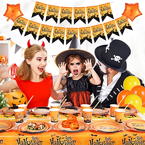 FORMIZON 144 Pcs Juego de Vajilla Halloween Fiesta, Juego de Vajilla para 24 Personas Suministros para Fiestas de Halloween, Calabaza Temática de Halloween Bandera, Tazas, Servilletas, Platos, Mantel