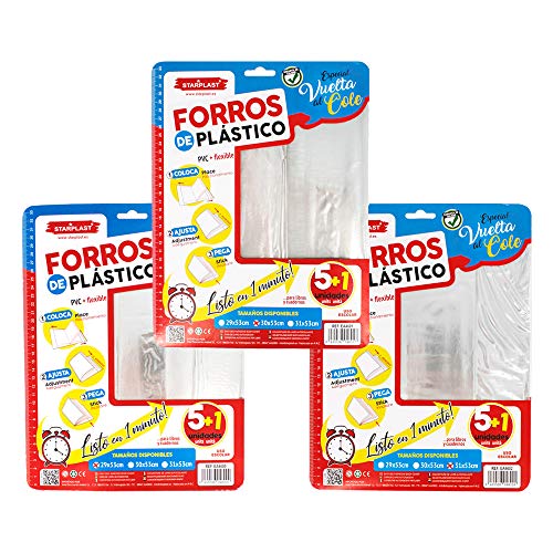 FORROS DE LIBROS STARPLAST - Forros de libros de plástico adhesivo ajustable, 18 Unidades transparentes, para proteger libros del colegio, universidad o biblioteca - Pack 3-3 Medidas