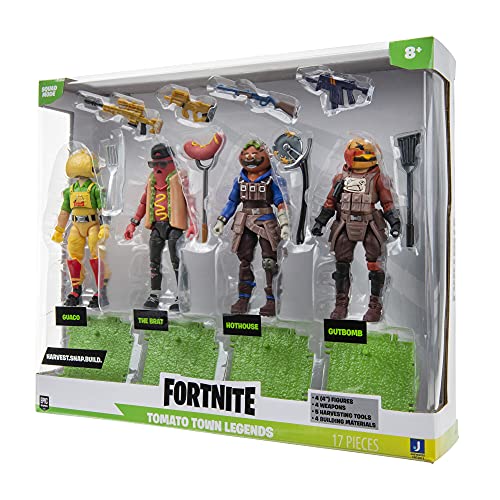 Fortnite FNT0813 Modo de escuadrón Tomatotown Legends Paquete de 4 Piezas, Serie 6, Incluyendo Armas, Herramientas de Cosecha, Materiales de construcción, Soportes y más, Multi