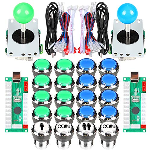 Fosiya 2 Jugador Arcade Joystick LED Chrome Botones de Arranque para PC MAME Frambuesa Pi Video Juegos Arcade Gabinete de Piezas (Azul Verde)