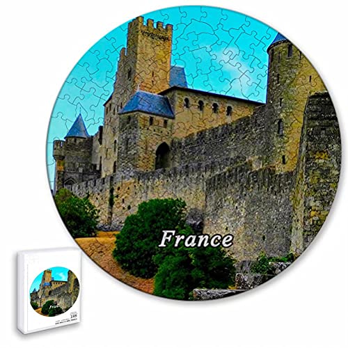 Francia Carcassonne Castle AUDE Rompecabezas de 195 Piezas con Forma Redonda de Animales de Madera para niños y Adultos, Recuerdos de 16.5 × 16.5 Pulgadas