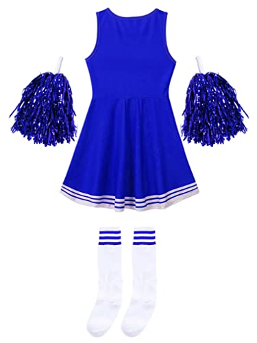 Freebily Disfraz Animadora para Niña Conjunto Porrista Uniforme Escolar Vestido de Danza+Pompones y Calcetines Altos Disfraz Carnaval Deporte Halloween Chica Azul 7-8 años