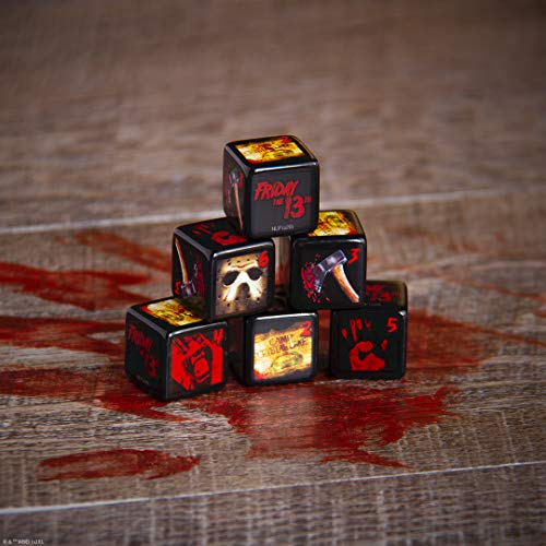 Friday The 13th Dice Set | Collectible d6 Dice Featuring References - Friday The 13th Logo, Camp Crystal Sign, Axe, Screaming Face, Bloody Handprint, and Jason Mask | Officially Licensed 6-Sided Dice