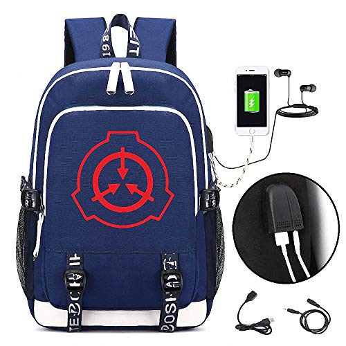 FZ FUTURE Anime Cosplay Mochila Escolar, Fundación SCP Mochilas Escolares, Mochilas Escolares niño niña, con Puerto de Carga USB y línea de Audio, Unisex Bookbag,Blue