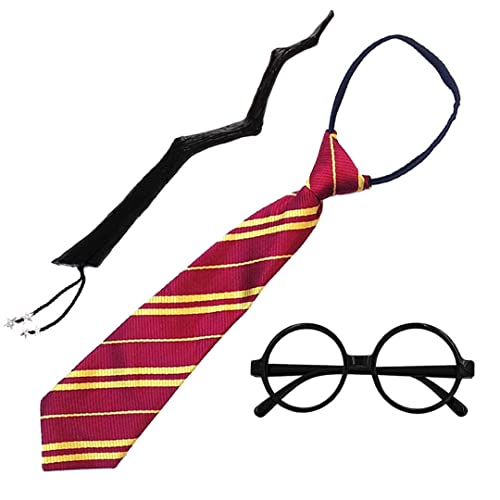 Gafas de Mago de Plástico, Marco de Gafas Redondo para una Fiesta de Harry Potter, Varita y Corbata (Modelo rojo A)