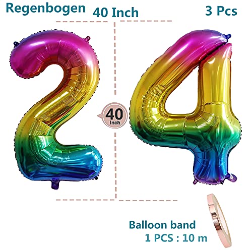 Globos Numeros 24 Años, xxxl 100cm Number Helio Inflados Globo Elio Número 24 Colores Arcoiris Oro para Hombre Mujer Chico, Globo Inflable Gigantes Grandes Decoración Fiesta de Aniversario Cumpleaños