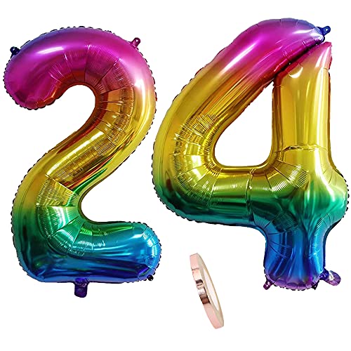 Globos Numeros 24 Años, xxxl 100cm Number Helio Inflados Globo Elio Número 24 Colores Arcoiris Oro para Hombre Mujer Chico, Globo Inflable Gigantes Grandes Decoración Fiesta de Aniversario Cumpleaños