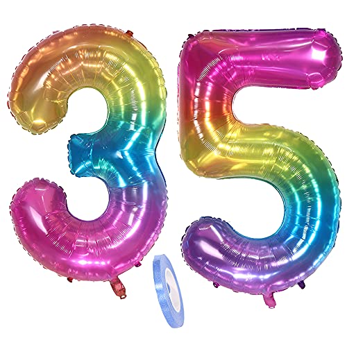 Globos Numeros 35 Años, xxxl 100cm Number Helio Inflados Globo Elio Número 35 Colores Arcoiris para Hombre Mujer Chica, Rainbow Inflable Gigantes Grandes Decoración Fiesta de Aniversario Cumpleaños