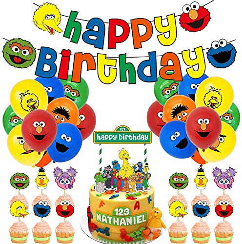 GOOODBUY Street Elmo - Suministros y decoraciones para fiestas de cumpleaños para niños y niñas, decoración para niños y niñas, incluye globos para decoración de tartas