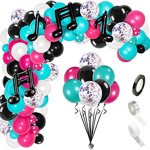 Guirnalda de arco de globos de fiesta temática de música sorpresa, rosa, rojo, turquesa, azul, negro, confeti, globo de látex, notas de concierto, globos para discoteca musical Tik Tok, notas, tema