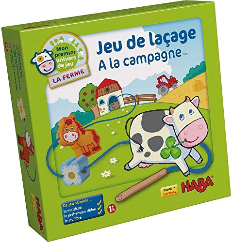 HABA 5895 – Mi Primer Universo de Juegos – La Granja – Juego de enhebrado HABA con 10 Figuras de Madera y 4 Modelos (Fabricado en Alemania)