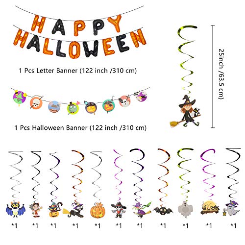 Halcyerdu 59 Pcs Set de Decoración de Halloween con Globo de Halloween, Pancarta de Guirnalda de Halloween, Pancarta de Feliz Halloween, Accesorios para Fotos y Tela de Decoración Negra