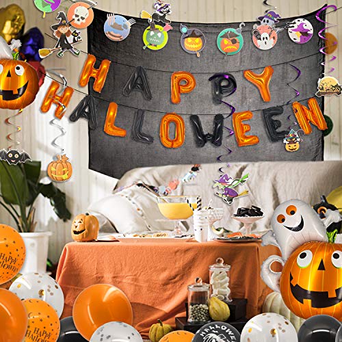 Halcyerdu 59 Pcs Set de Decoración de Halloween con Globo de Halloween, Pancarta de Guirnalda de Halloween, Pancarta de Feliz Halloween, Accesorios para Fotos y Tela de Decoración Negra