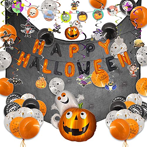 Halcyerdu 59 Pcs Set de Decoración de Halloween con Globo de Halloween, Pancarta de Guirnalda de Halloween, Pancarta de Feliz Halloween, Accesorios para Fotos y Tela de Decoración Negra