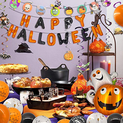 Halcyerdu 59 Pcs Set de Decoración de Halloween con Globo de Halloween, Pancarta de Guirnalda de Halloween, Pancarta de Feliz Halloween, Accesorios para Fotos y Tela de Decoración Negra