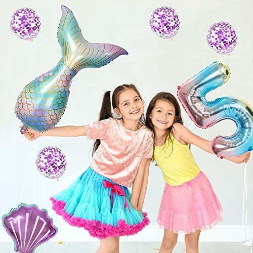 Haosell Globo de sirena grande para 5 años, decoración de cumpleaños infantil, multicolor, 1 globo de sirena XXL + número 5 números + 1 cuenco + 4 globos de confeti