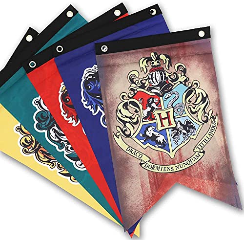 Harry Potter Gryffindor, Slytherin, Hufflepuff, Ravenclaw, Hogwarts Collection - Bandera de casa para decoración de pared, decoración de fiestas (5 unidades, 12 x 20 pulgadas)