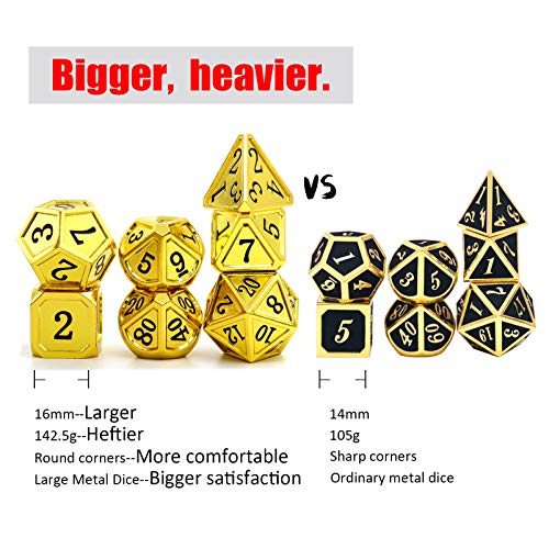 Haxtec Metal DND Dice Set Classic Collection D&D Dice Polyhedral Dice para mazmorras y dragones TTRPG-Gold Black Numbers