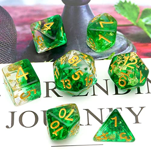 Haxtec Resina verde DND Dice Set 7PCS Clear Gold Foil Polyhedral Dice RPG Dungeons and Dragons