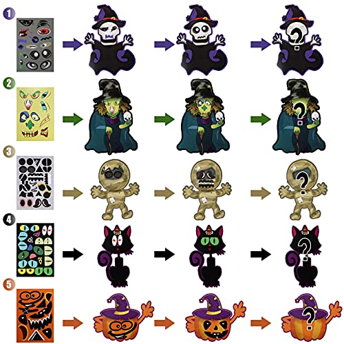 Herefun Halloween Pegatinas Bricolaje, Kit de Halloween Pegatinas con Calabaza Bruja Esqueleto Combinables, Kit de Calabazas Pegatinas Bricolaje, Artesanía Niños para Halloween Fiesta (5 Set)