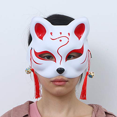 Holibanna PVC Gato Kabuki Kitsune Estilo Japonés Animal con Borla Flor Cuenta Cosplay Mascarada Accesorios A