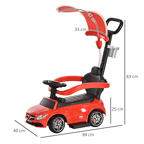 HOMCOM Correpasillo para Niños Mayores de 1 Año Cochecito Automóvil Diseño 3 en 1 Empujador Andador Función de Bocina con Capota Reposapiés Portavasos 84x40x83 cm Rojo