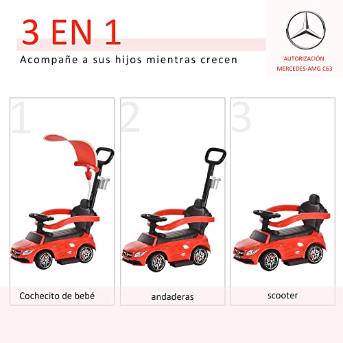 HOMCOM Correpasillo para Niños Mayores de 1 Año Cochecito Automóvil Diseño 3 en 1 Empujador Andador Función de Bocina con Capota Reposapiés Portavasos 84x40x83 cm Rojo