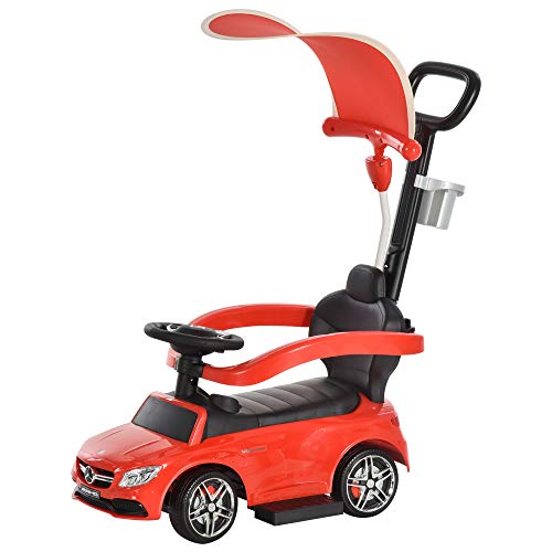 HOMCOM Correpasillo para Niños Mayores de 1 Año Cochecito Automóvil Diseño 3 en 1 Empujador Andador Función de Bocina con Capota Reposapiés Portavasos 84x40x83 cm Rojo