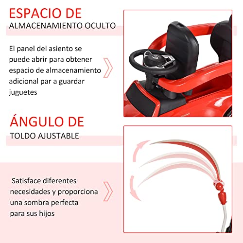 HOMCOM Correpasillo para Niños Mayores de 1 Año Cochecito Automóvil Diseño 3 en 1 Empujador Andador Función de Bocina con Capota Reposapiés Portavasos 84x40x83 cm Rojo