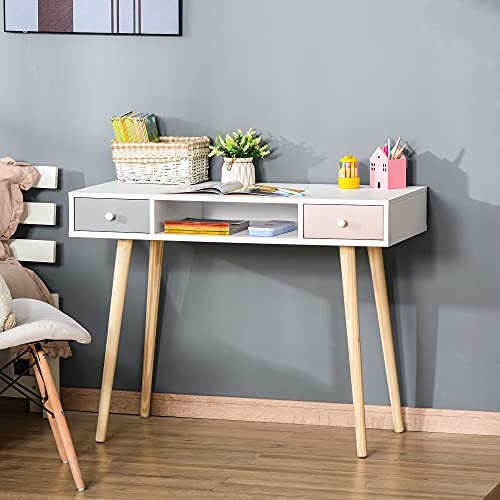 HOMCOM Mesa de Escritorio Infantil Mesa Consola con 1 Compartimento Abierto y 2 Cajones Estilo Nórdico para Estudio Entrada Dormitorio 100x48x76,5 cm Multicolor