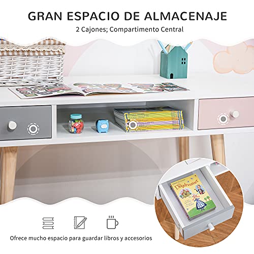 HOMCOM Mesa de Escritorio Infantil Mesa Consola con 1 Compartimento Abierto y 2 Cajones Estilo Nórdico para Estudio Entrada Dormitorio 100x48x76,5 cm Multicolor