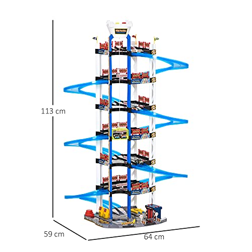 HOMCOM Parking Infantil de 7 Plantas Garaje de Juguete Incluye Ascensor Eléctrico con Luz y Sonido Doble Pista y 4 Coches de Carreras para +3 Años 64x59x113 cm Azul y Blanco