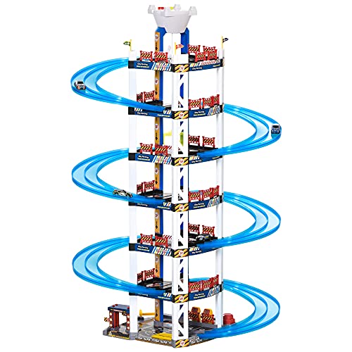 HOMCOM Parking Infantil de 7 Plantas Garaje de Juguete Incluye Ascensor Eléctrico con Luz y Sonido Doble Pista y 4 Coches de Carreras para +3 Años 64x59x113 cm Azul y Blanco