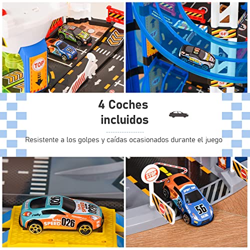 HOMCOM Parking Infantil de 7 Plantas Garaje de Juguete Incluye Ascensor Eléctrico con Luz y Sonido Doble Pista y 4 Coches de Carreras para +3 Años 64x59x113 cm Azul y Blanco