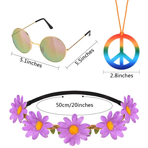 Hotgod Juego de 18 accesorios de disfraz hippie para accesorios de vestir de los años 60 y 70 (6 collares de signo de paz, margaritas + 6 diademas de girasoles+6 gafas de sol redondas retro