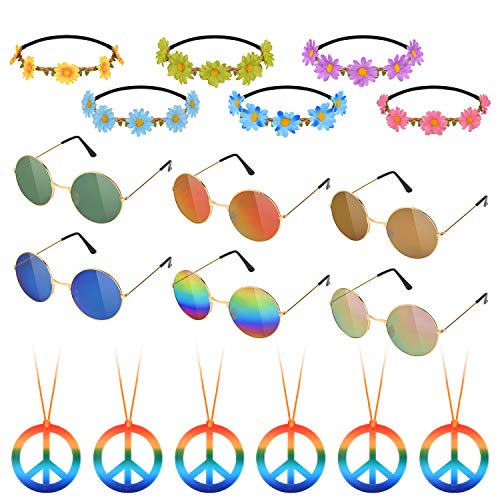 Hotgod Juego de 18 accesorios de disfraz hippie para accesorios de vestir de los años 60 y 70 (6 collares de signo de paz, margaritas + 6 diademas de girasoles+6 gafas de sol redondas retro