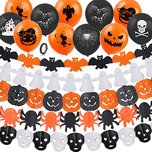 HOWAF Kit de decoración para Fiesta de Halloween, 5 Halloween guirnaldas de Papel, Calabaza, Fantasma, murciélago, araña, Calavera, Pancarta de Halloween y 24 Halloween Globos de látex