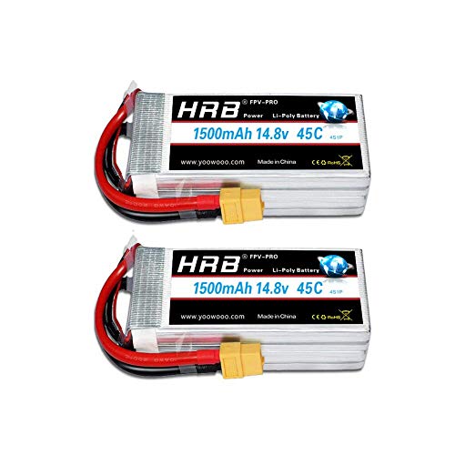 HRB 2pcs 14.8V 4S 1500mAh 45C batería Lipo con Enchufe XT60 para RC Mini Racing Drone FPV Quadcopter, 210 Quad Frame, 250 Racer, AR Drone 2.0, Walkera F210